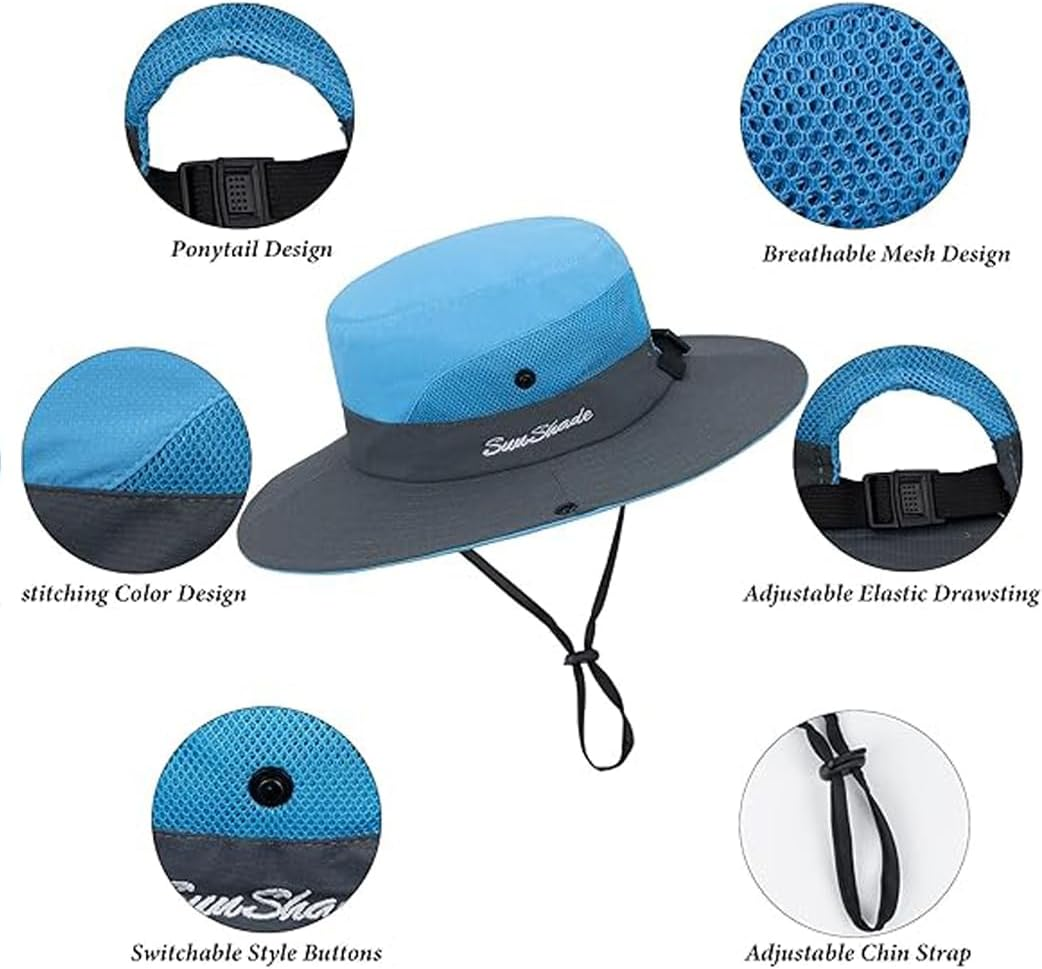 Womens-Summer-Sun-Hat Outdoor Breathable-Uv-Protection-Fishing-Hat Wide Brim Foldable-Beach-Bucket-Hat with Ponytail-Hole image number 2