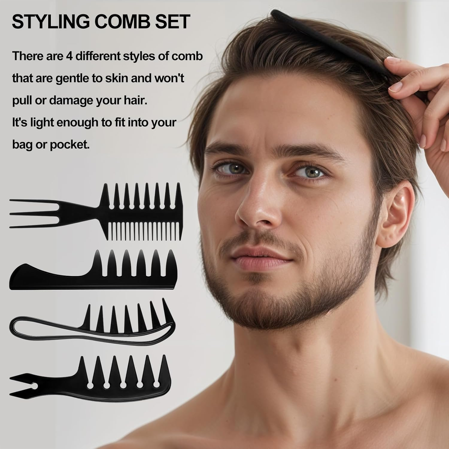 Gjinxi 4Pcs Hair Comb Styling Set for Men, Wide Tooth Double Side Tail Combs, Professional Hair Brush Retro Hairdressing Hairstylist Tools, African American Hair Care Style Barber Accessories image number 4