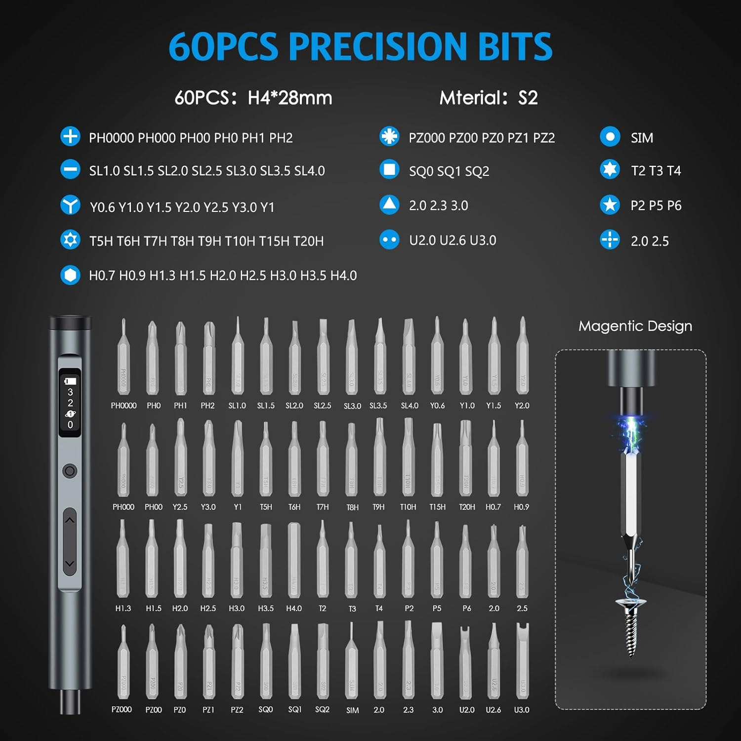 AMIR Mini Electric Screwdriver, 62-In-1 Precision Screwdriver Set with 60 Magnetic Precision Bits, 3 Torque Settings, Magnetic Storage, Repair Tool Kit with 3 LED Lights for Phone, Camera, PC, Watch image number 4