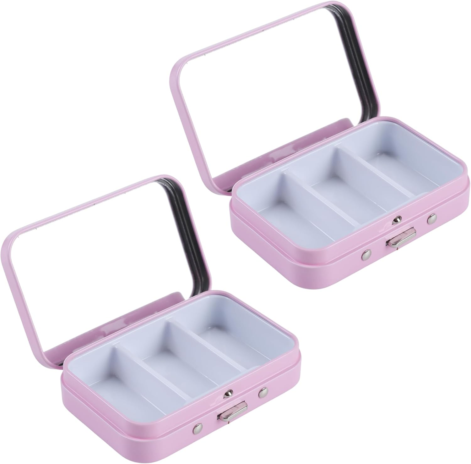 2Pcs 3 Compartments Pill Case with Mirror, Portable Metal Medicine Pill Organizer Small Pill Box Vitamin Pill Holder for Pocket, Purse, Travel (Pink) image number 1