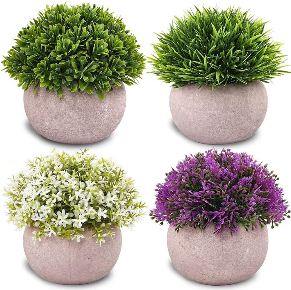 Artigreen 4Pots Artificial Plants Mini Fake Shrubs in Pots Small Faux Plants Decor Cute Artificial Greenery for Home Bedroom Indoor Office Desk Shelves Bathroom Farmhouse Coffee Table Decor