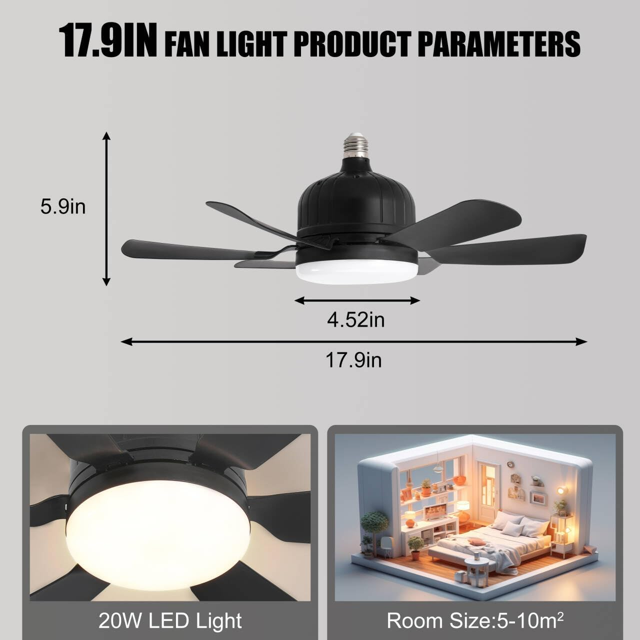 Socket Ceiling Fan Light with Remote, E27 Based Easy Install with Socket Extender, Replacement for Indoor -Bedroom, Kitchen and Living Room, 3 Color Stepless Dimming, Black image number 5