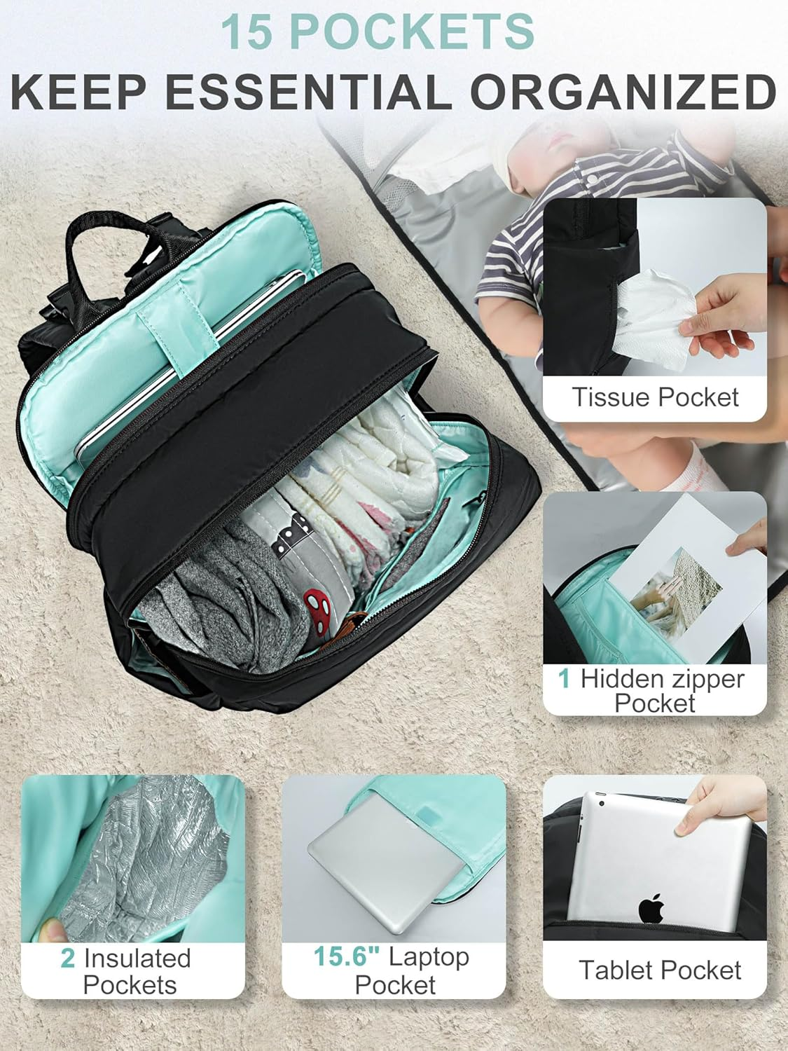 MOMINSIDE Diaper Bag Backpack with 15 Pockets, Quilted Baby Bag for Boys Girls, Baby Registry, Large Changing Pad