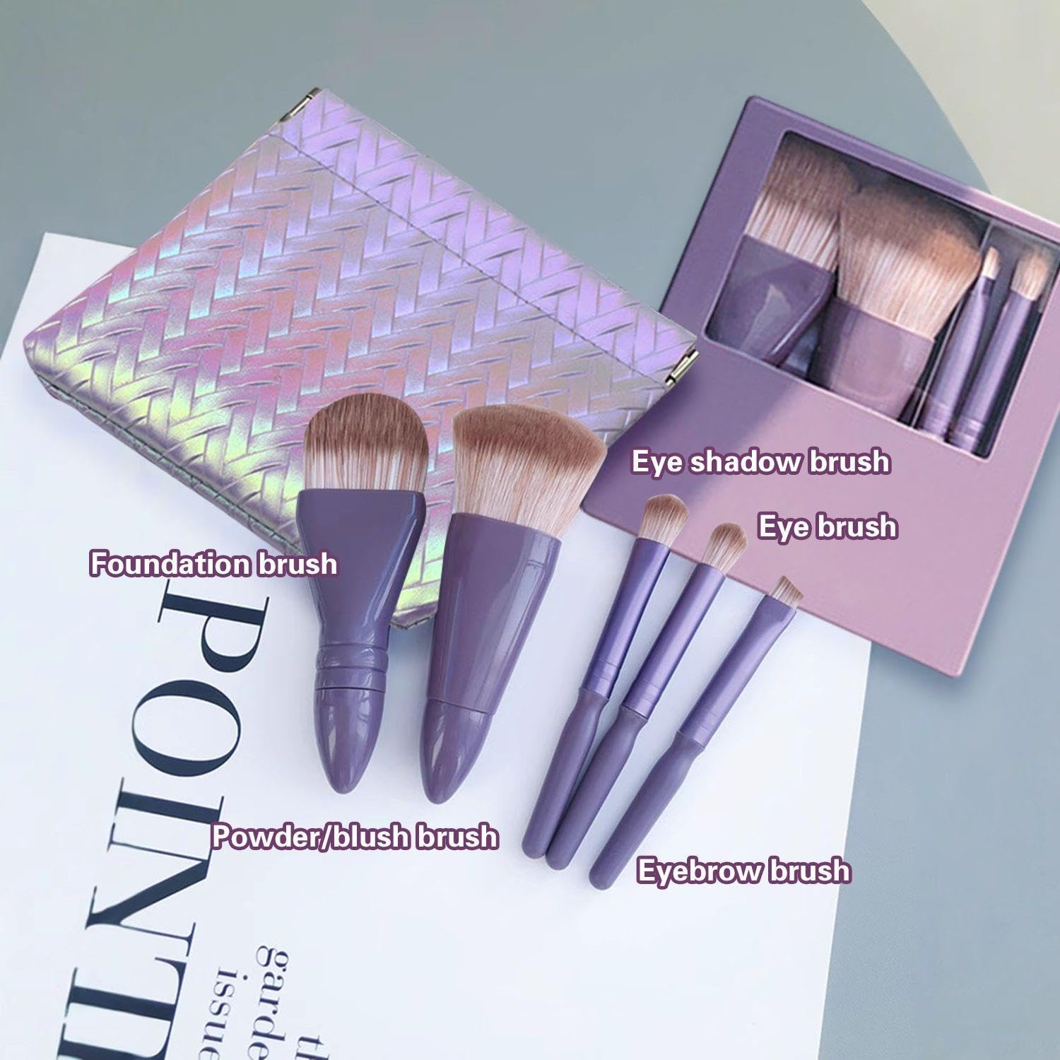 5 Makeup Brushes & 1 Mini Storage Bag Makeup Brush Set with Mirror Beauty Tools Portable Travel Accessories Purple