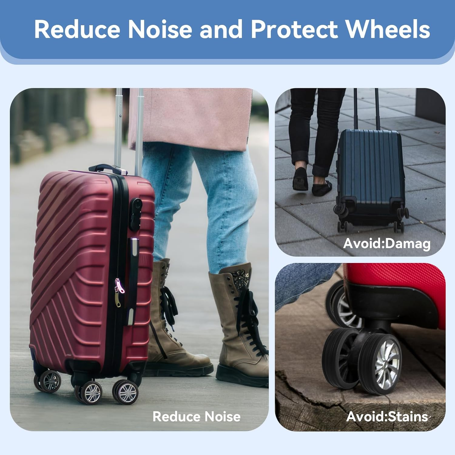 OKAMMY Luggage Wheels Protection Silicone Suitcase Cover - Noise Cancelling Travel Bag Rolling Wheels - Reliable Travel Suitcase Wheel Cover - Durable Tyre Protective Covers for Luggage Bags - 8Pcs image number 4