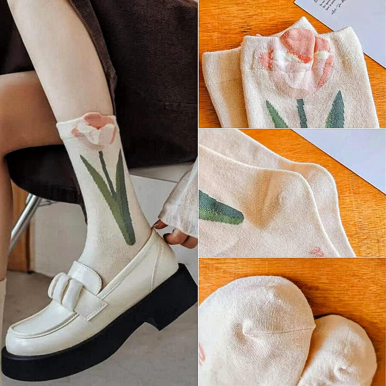 Casual Vintage Floral Cotton Socks for Women 4 Pairs Cute Ruffle Slouch Socks 5-9 for Teen Grils above Ankle Athletic Socks image number 5