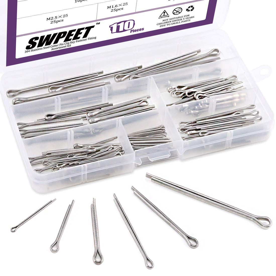 Swpeet 110Pcs 304 Stainless Steel Cotter Pin Clip Key Fastener Fitting Assortment Kit Perfect for Automotive Mechanics Small Engine Repair image number 1