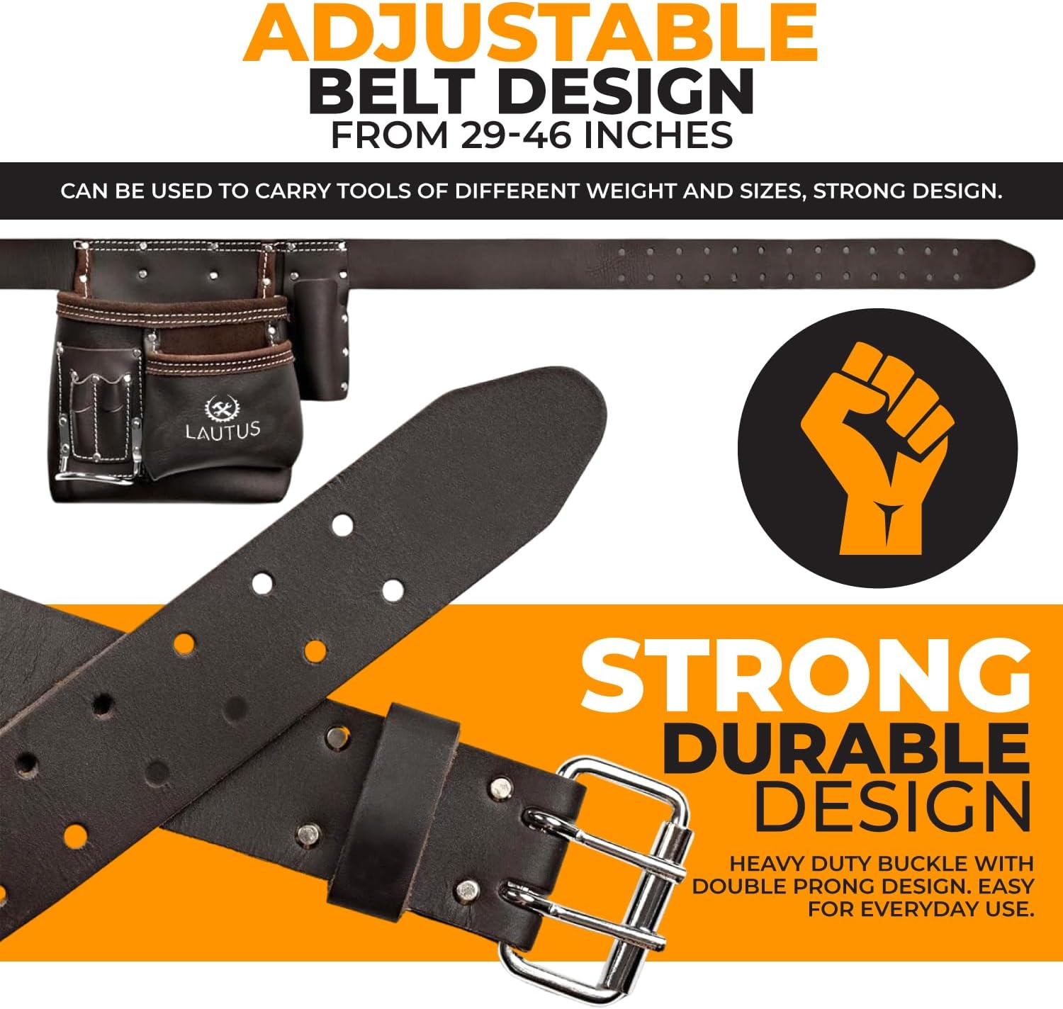 LAUTUS 5 Pocket Oil Tanned Tool Belt/Pouch/Bag/Apron Carpenter, Construction, Framers, Handyman, Electrician | 32-Inch to 46-Inch | Brown| Hammer Holder| Built Tough| image number 3