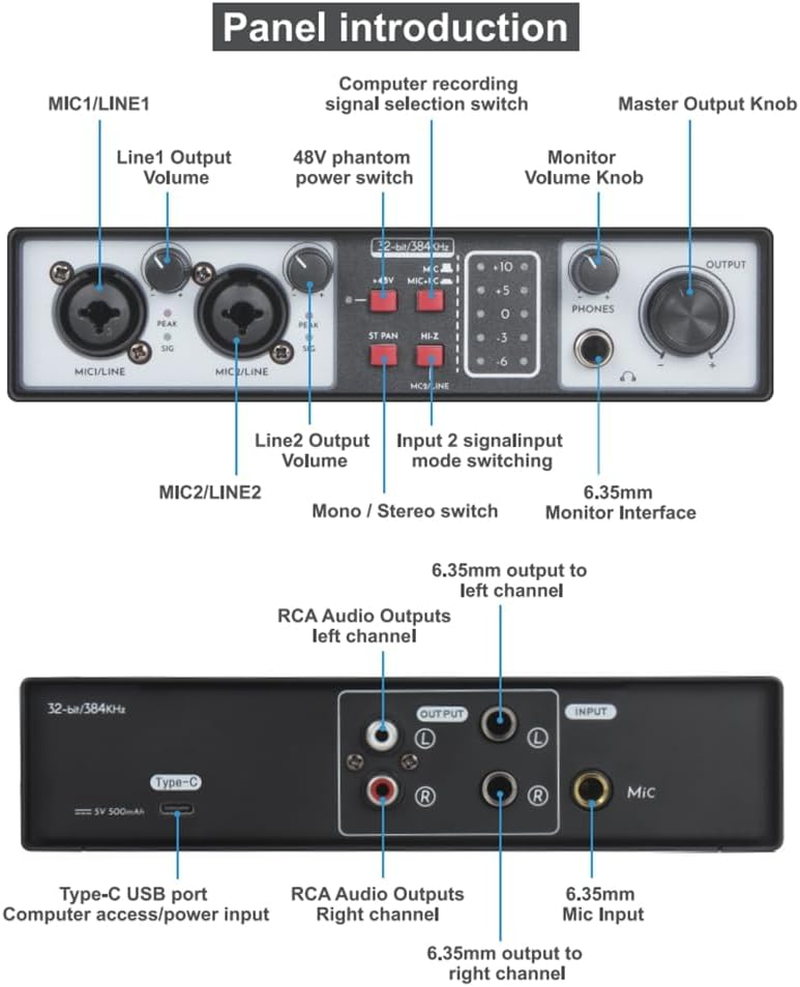 Elqater 2 in 2 Out USB Audio Interface 32Bit/384Khz Studio Parts Recording Sound Card 48V Phantom image number 2
