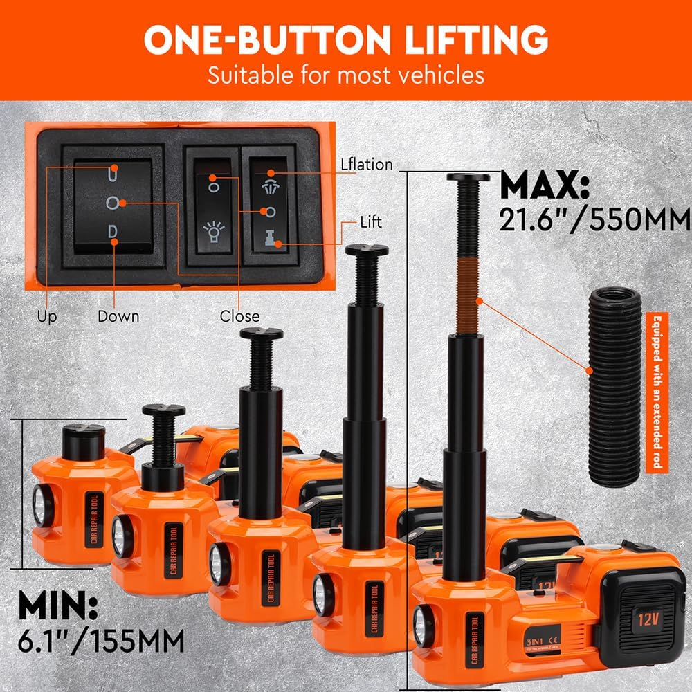 HORUSDY 12V 5T Electric Hydraulic Car Jack Kit with Built-In Air Pump & LED Light, Portable 3-In-1 Auto Floor Jack Lifting Set image number 5