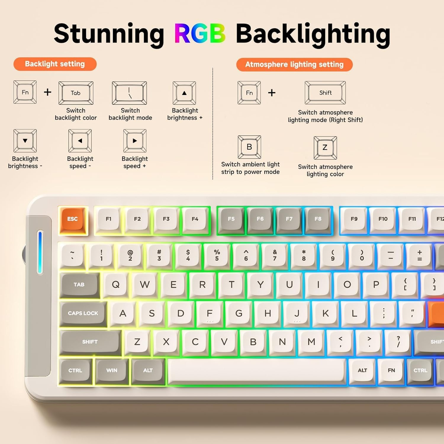 MCHOSE X75 V2 Gaming Keyboard, 75% Mechanical Keyboard Knob Control, Hot Swappable Custom Wireless Keyboards Tri-Mode 2.4G/BT5.0/USB-C, RGB Backlit Retro White (Retro White) image number 4