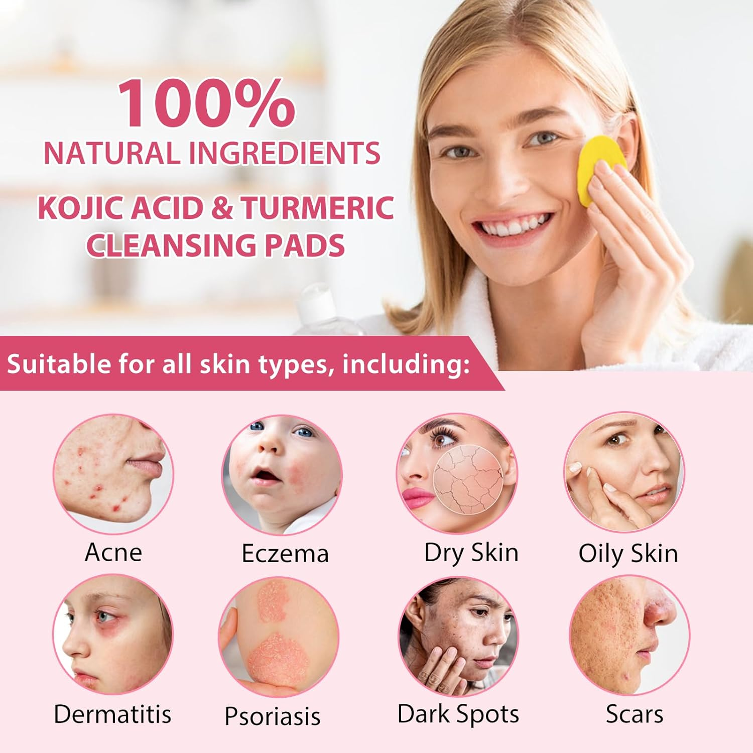 Turmeric Cleansing Pads, Kojic Acid and Turmeric Cleansing Pads Helps Balance Skin Oil and Water, Remove Excess Keratin from the Body'S Skin (Pink) image number 6
