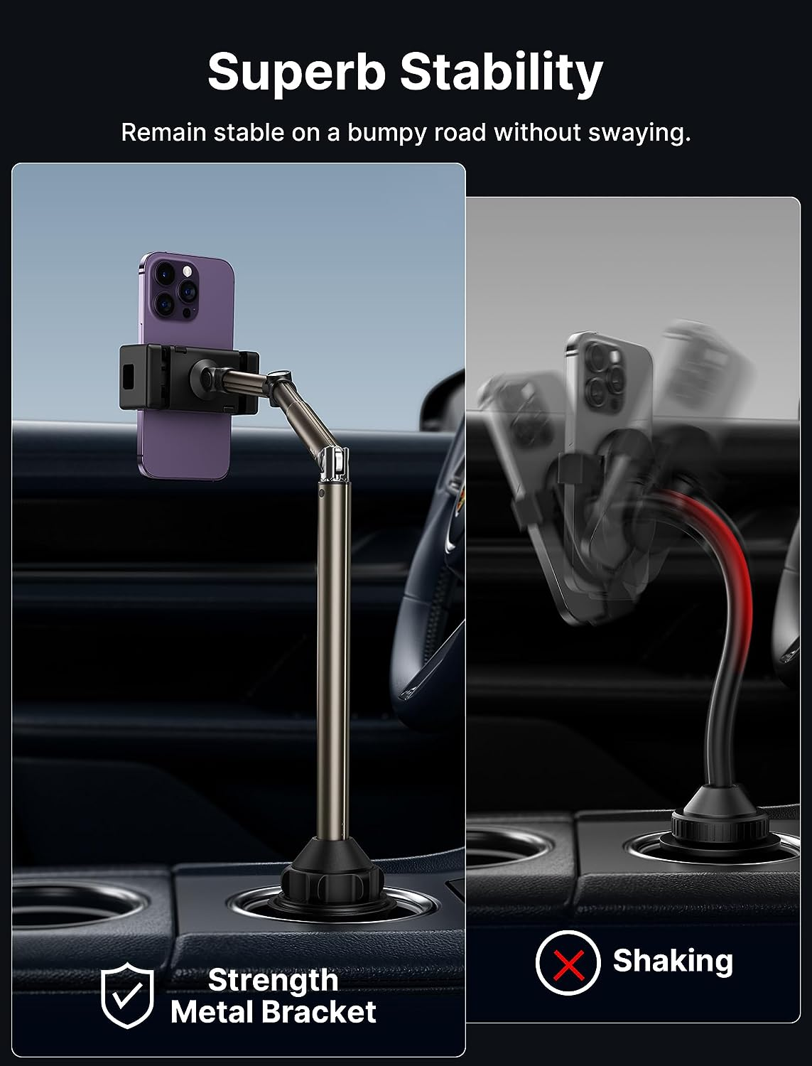 JSAUX Car Cup Holder Cellphone Mount, Metal Long-Arm Ultra Stable Phone Holder for Car Cupholders - Adjustable Compatible with Iphone 16 15 Pro Max 13 12 11, Samsung Galaxy S24 S23 Ultra, Pixel image number 3