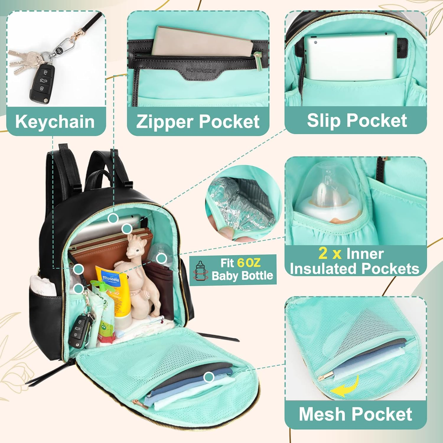 MOMINSIDE Small Diaper Bag Backpack, Mini Baby Diaper Bag, Diaper Bag Organizers, 2 Insulated Pockets, Stroller Straps image number 6