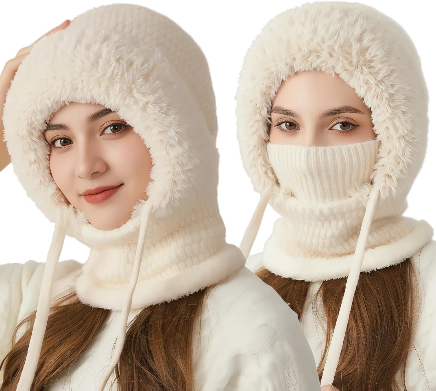 3 in 1 Beanie Hat for Women,Fleece Lined Hat with Scarf & Face Cover, Knitted Windproof Ski Mask Beanie for Cold Weather