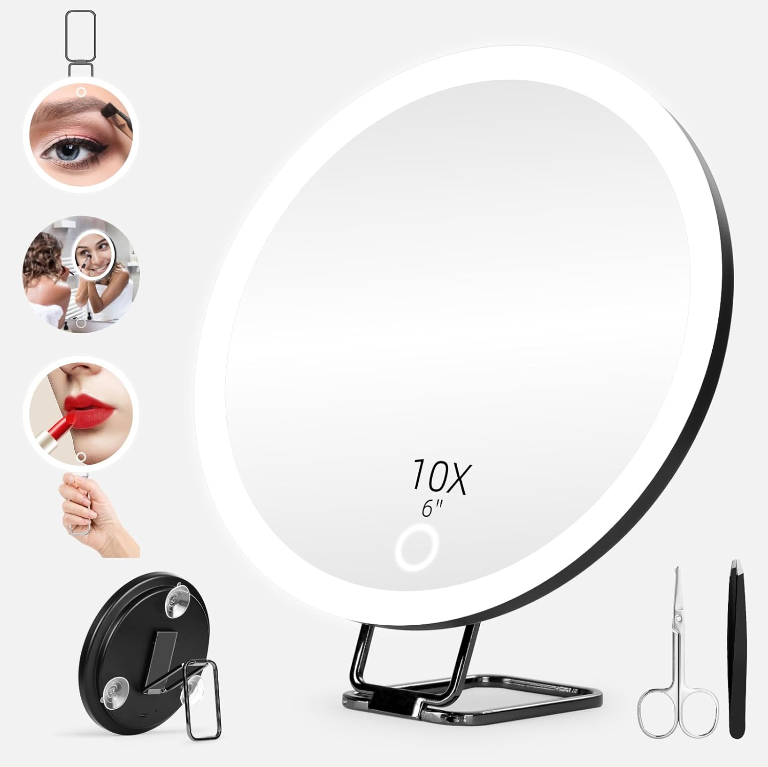 10X Magnifying Mirror with Lights, 6Inch Makeup Magnified Mirror 10X Lighted Travel Magnification with 3 Suction Cups and 360&deg; Adjustable Bracket - Includes Tweezers & Scissors image number 5