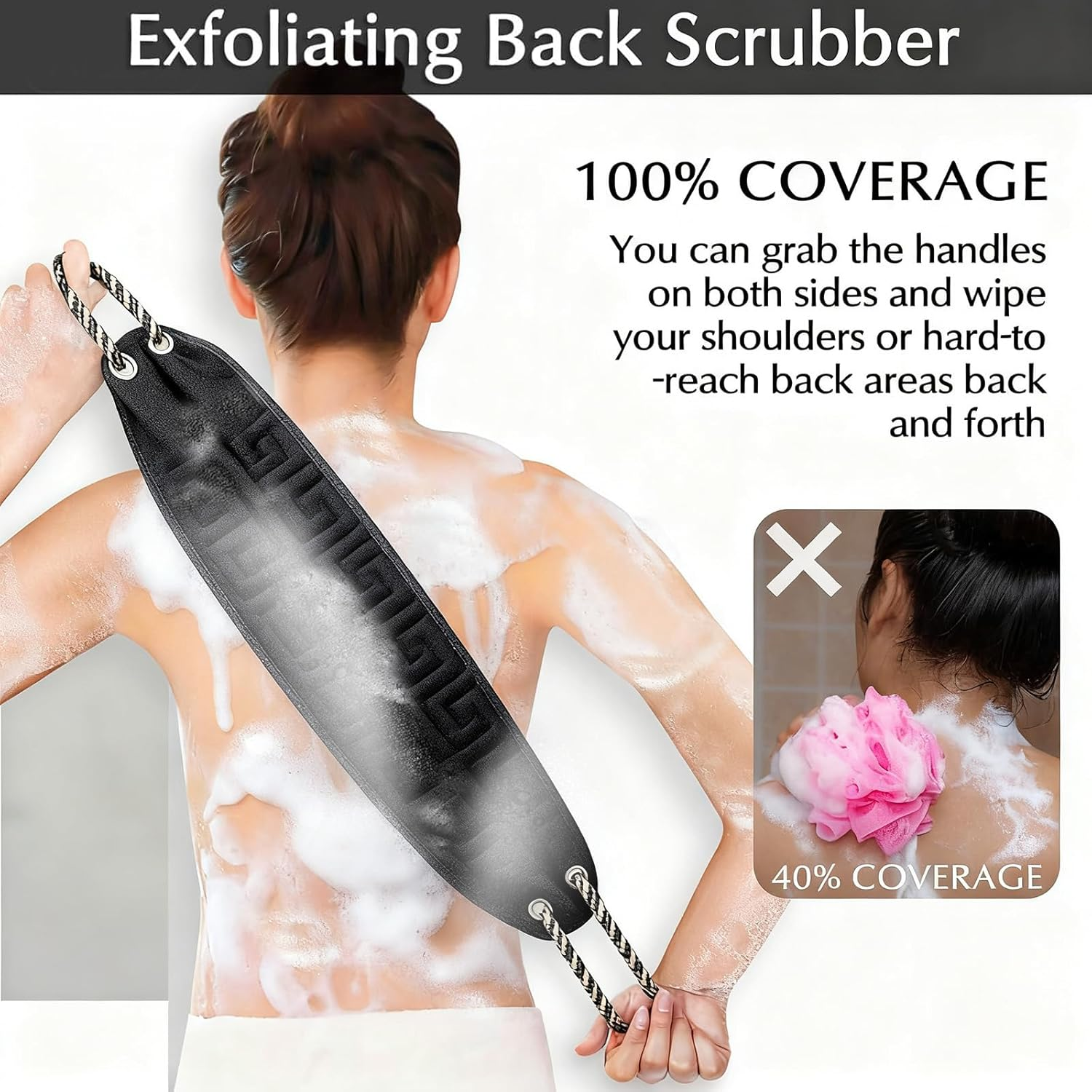 Body Scrubber，Back Scrubber，Long Exfoliating Back Scrubber for Shower, 34In Body Scrubber with Handles & Mitts, Double-Sided Black Mesh Scrubber for Deep Cleansing & Skin Exfoliation image number 2