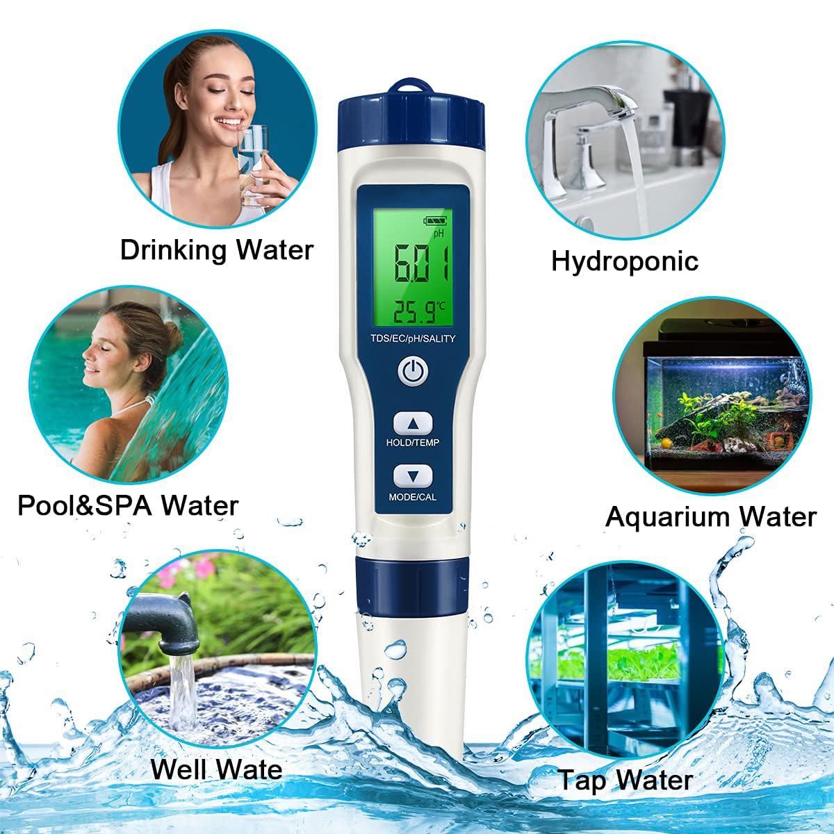 Pool Salt Tester, 5 in 1 Ph and Salt Meter for Saltwater Pool Ph and Salinity Digital Tester, Fish Pond Salt Level Testing Professional image number 2