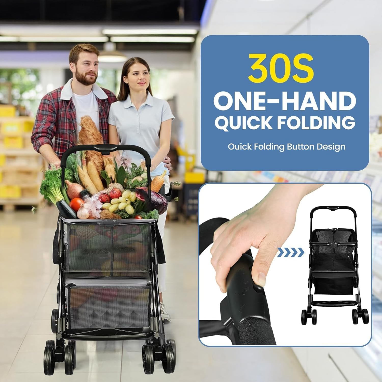 Folding Shopping Cart 50Kg, Portable Collapsible Grocery Cart, Two Tier Collapsible Shopping Trolley with Removable Basket and 360&deg; Swivel Wheels, One-Hand Fold (Black) image number 4