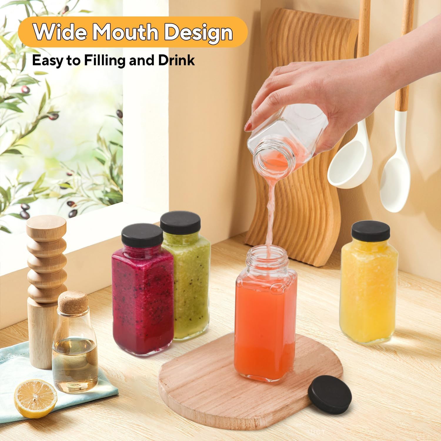 V&middot;Colokishi Pack of 6 250 Ml Square Glass Bottles with Glass Straws, Airtight, Durable, Versatile for Drinking, Food Storage, School, Outdoor, Crafts, On-The-Go image number 6