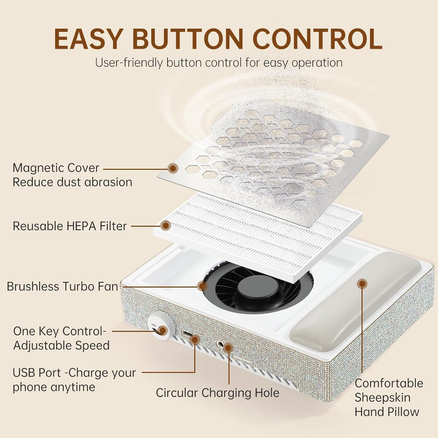 Rechargeable Nail Dust Collector Powerful 650PA 56W Nail Extractor Vacuum Suction Brushless Turbo Vent Fan Hand Pillow 30Pcs Cotton Filter AB White Diamond image number 5