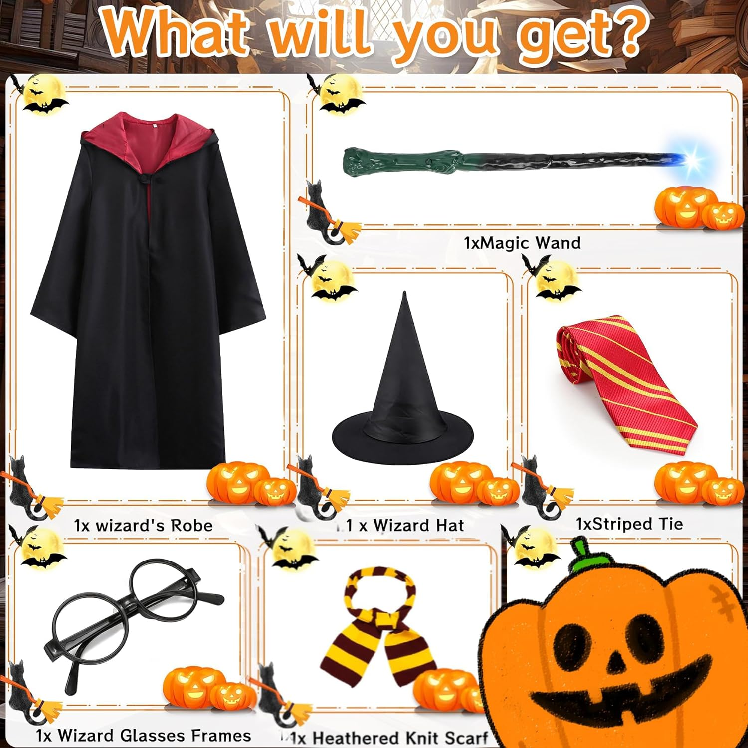 AUTOWT Kids Wizard Cloak Costume Set, 6Pc Magician Robe Outfits with Hooded Cape Hat Wand Scarf Glasses Tie Movie Dress up Accessory Boys Girls School Carnival Halloween Cosplay image number 7