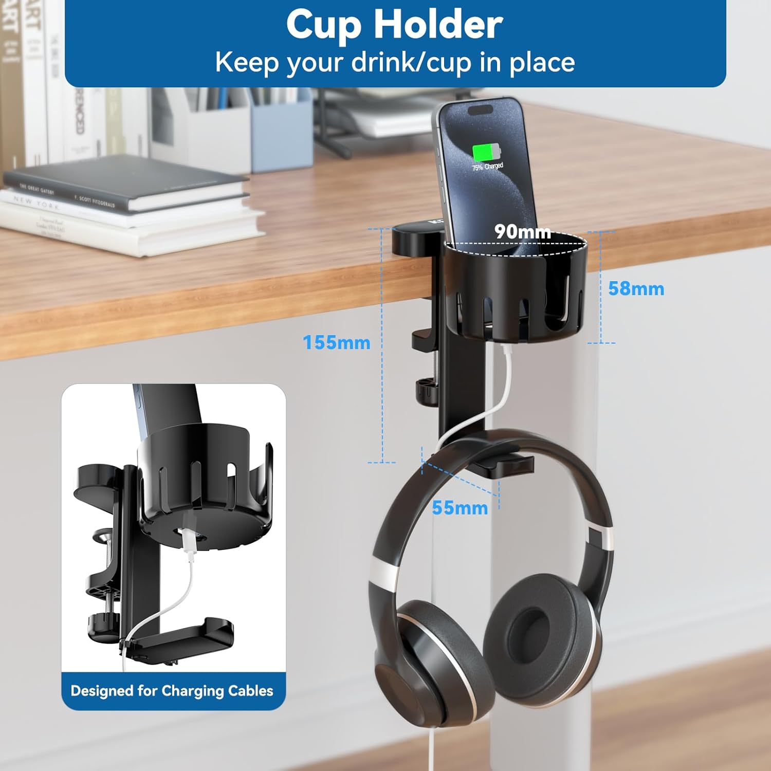 KDD 2 in 1 Headphone Hanger with Desk Cup Holder - under Desk Clamp Rotatable Headset Holder - Suitable for Coffee Mups, Water Cups, Headphone(Black) image number 3
