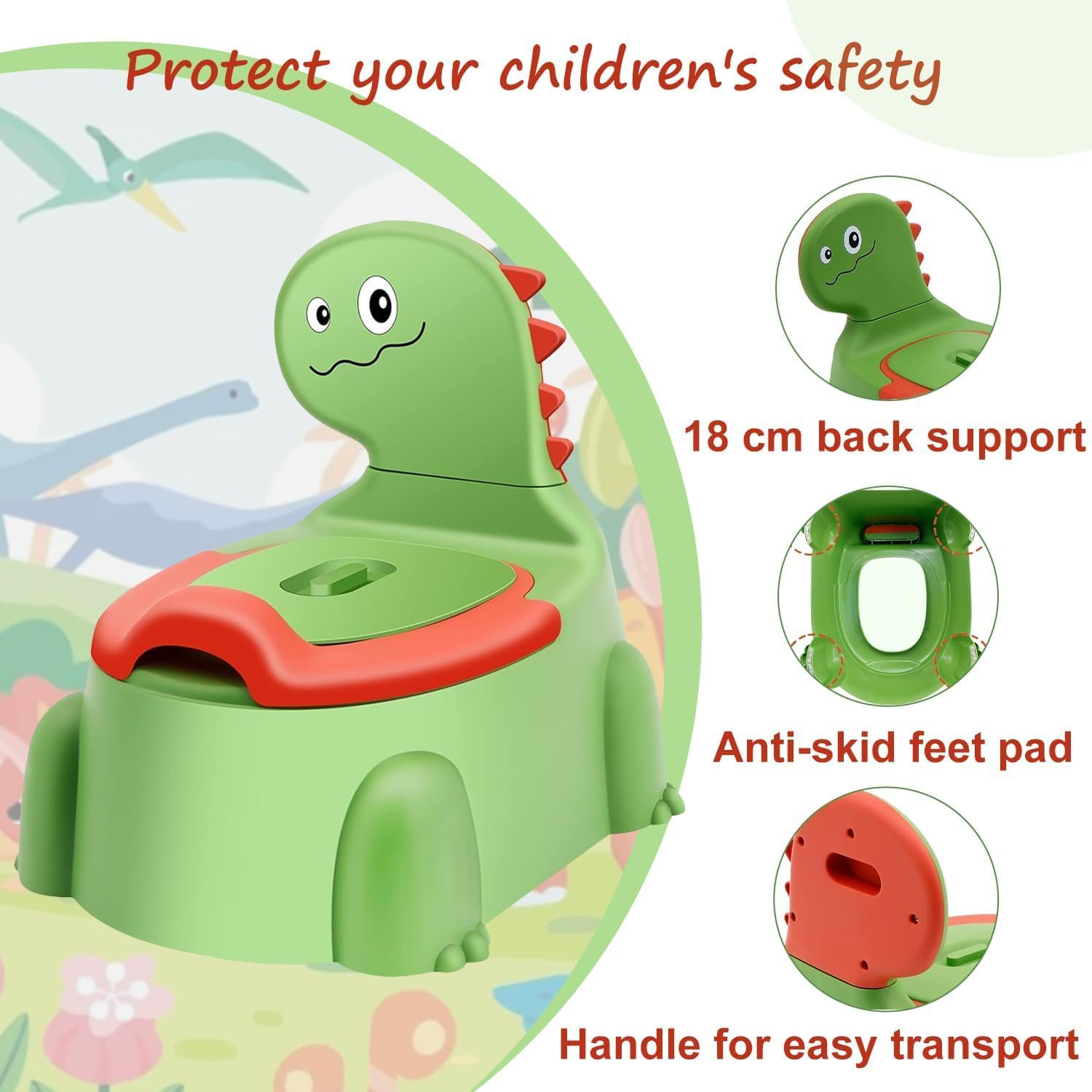 Dinosaur Potty Training Seat - Comfortable Toddler Potty Toilet Seat with Non-Slip Mat, Backrest & Soft Lid, Portable Potty Training Chair for Boys & Girls 1-6 Years (Lime Green) - Classic Red image number 4