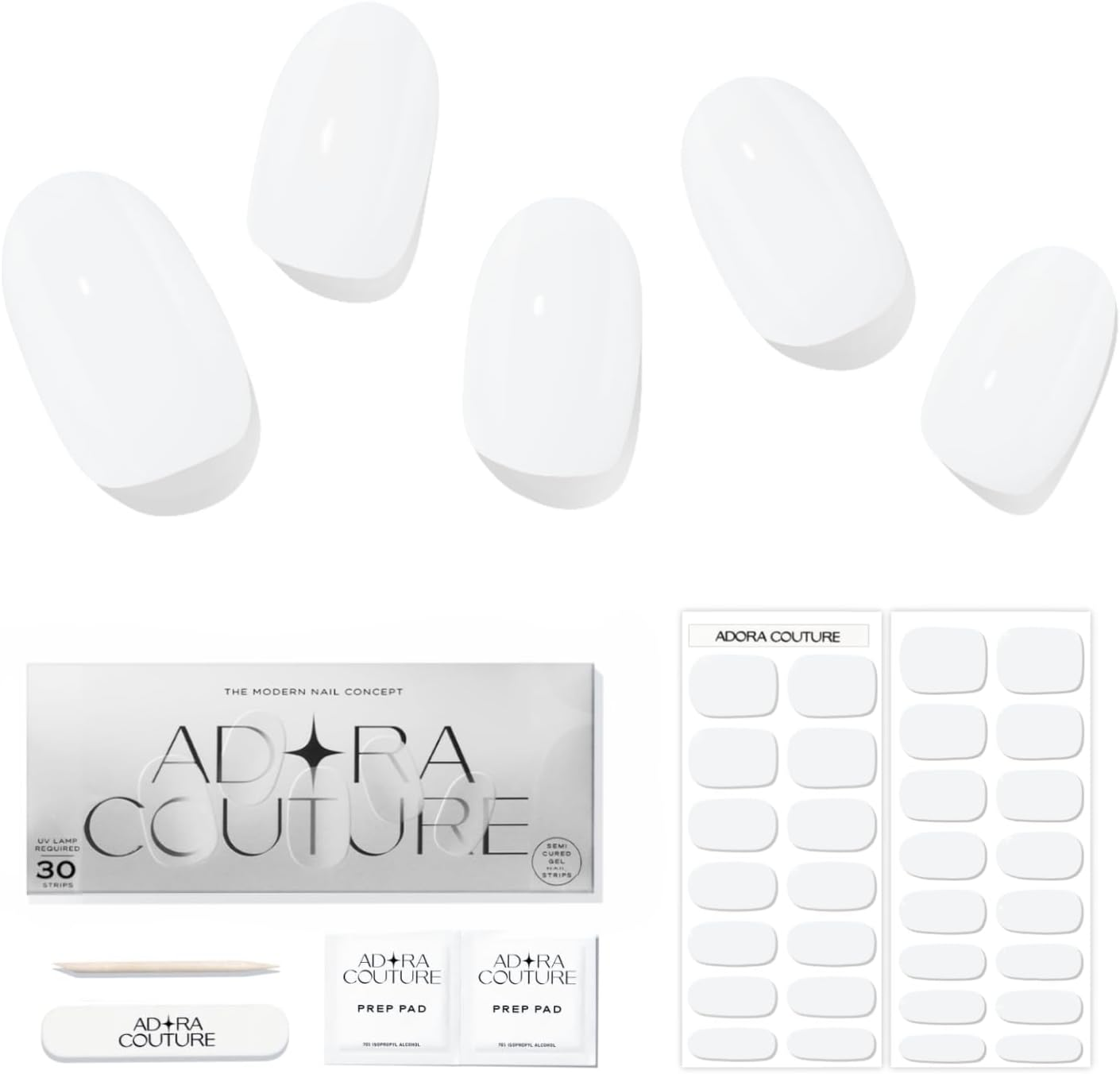Adora Couture Semi Cured Gel Nail Strips with 30 Pieces - UV Gel Stickers, Manicure Kit, Easy Application Wraps Includes Prep Pads, Nail File, Wooden Stick - UV Light Required (Simple White) image number 3