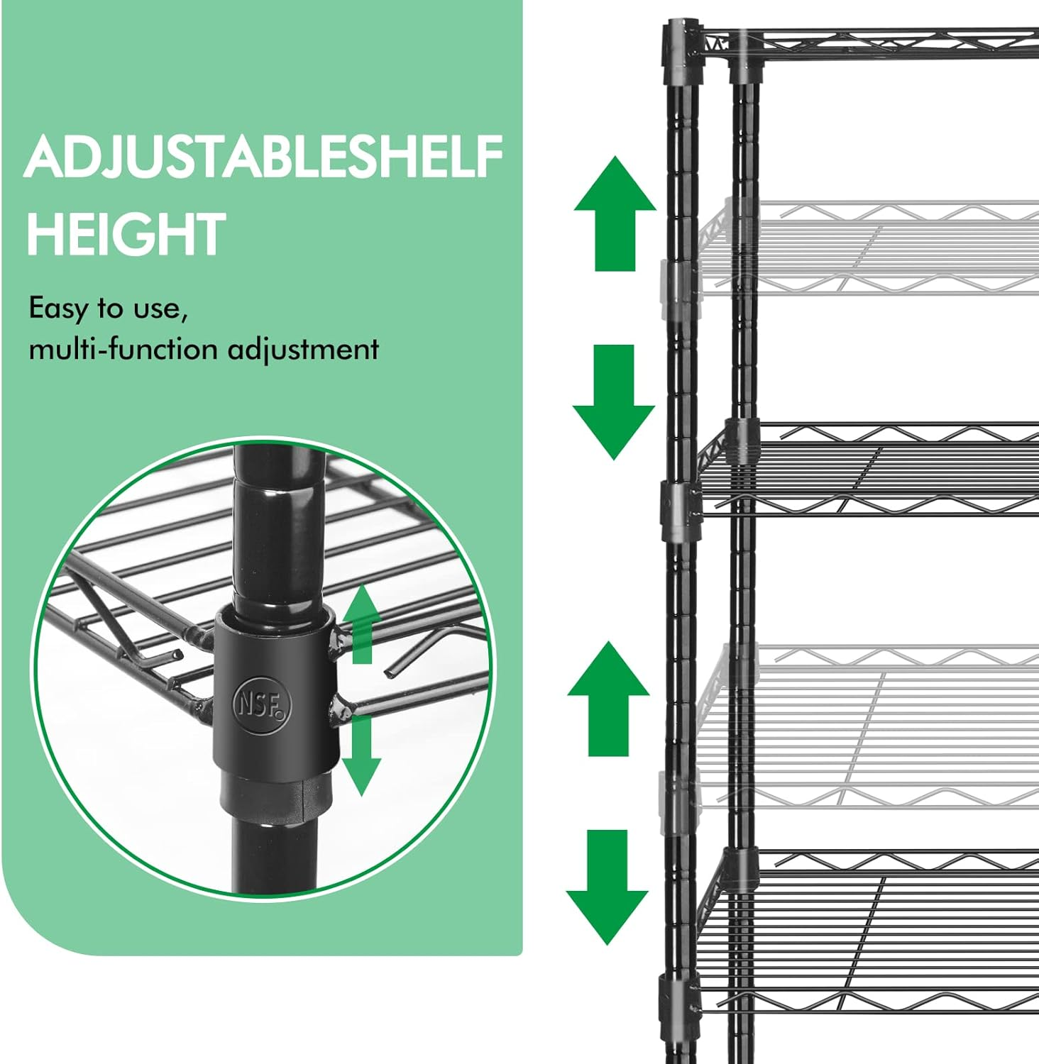 5-Shelf Adjustable,Heavy Duty Storage Shelving Unit on Wheel Casters,Shelves for Storage Wire Shelving,Modern Style,Black (23.7L X 13.7W X 61H) image number 2