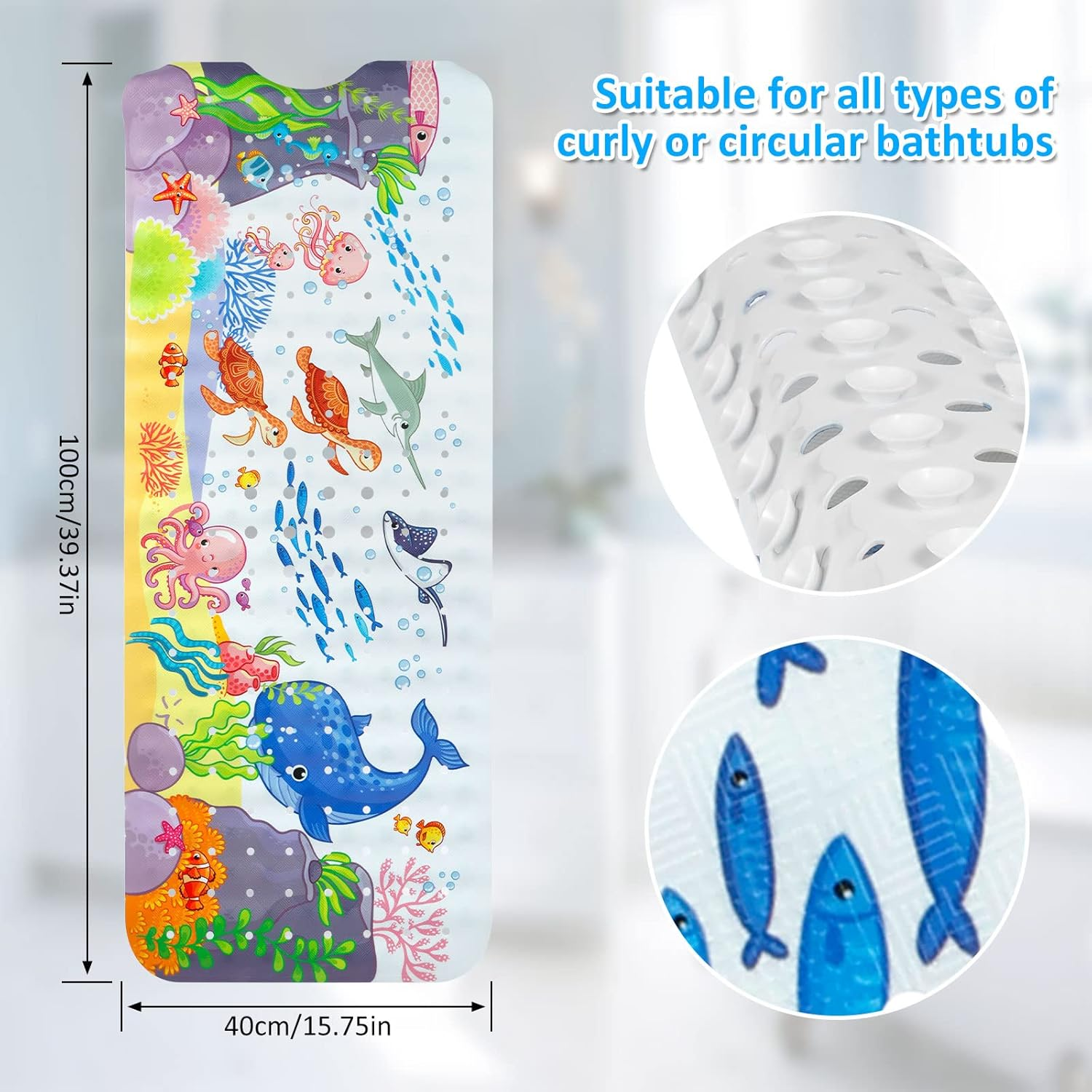 Baby Bath Mat for Bathroom 40X16 Inch Long Shower Mats Non-Slip Bathtub Mat with Suction Cup Reusable Baby Bathtub Mat Machine Washable (Turtle+ Blue Whale) image number 6