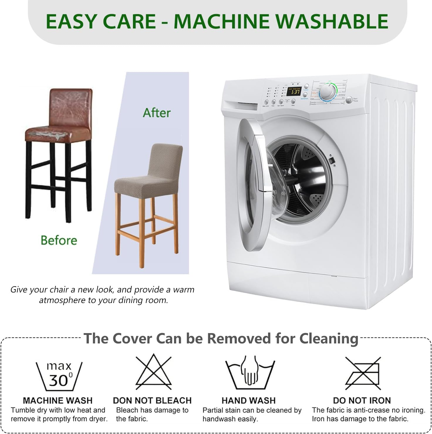 Gollense Bar Stool Covers Set of 4 Stretch Jacquard Barstool Slipcovers Washable Dining Chair Seat Covers with Back Removable Pub Counter Tall Chair Protectors for Kitchen Island Chairs (Khaki) - Beige image number 3