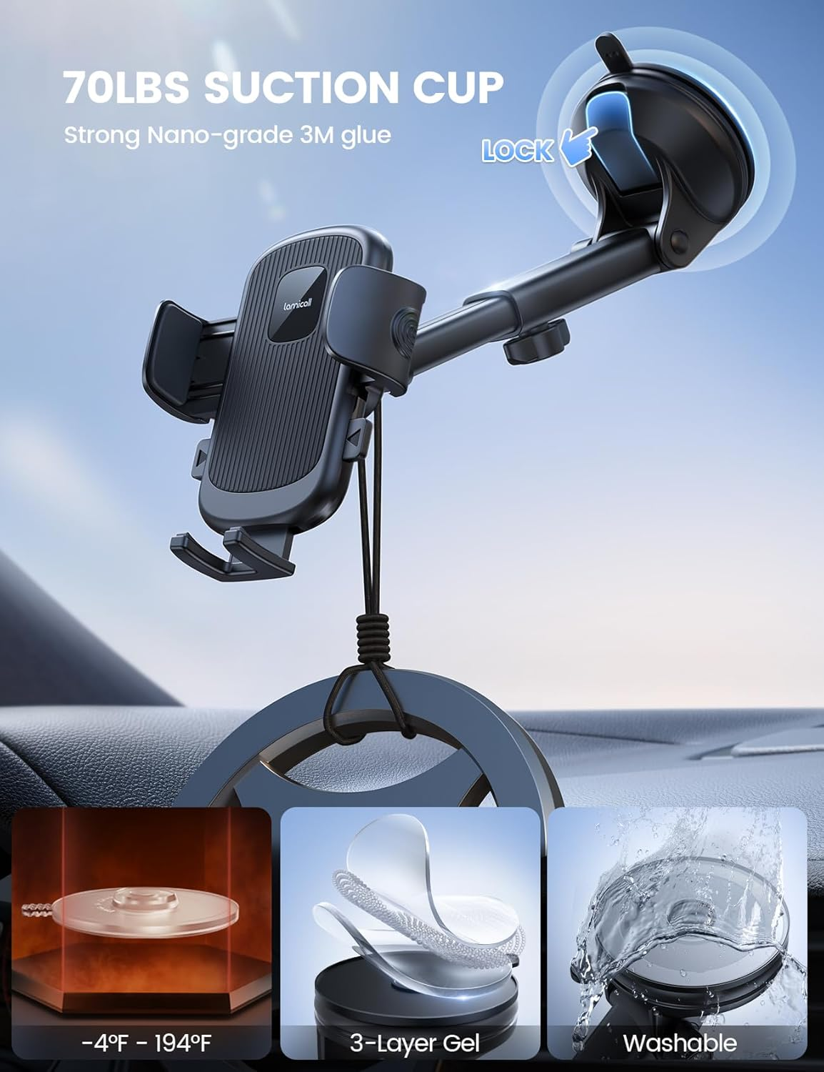 Lamicall Car Phone Holder Mount [3-In-1 Military-Grade Suction Cup] 360&deg; Rotation Phone Holders for Your Car [Metal Hook] Cell Phone Car Mount Dashboard Vent Windshield for Iphone 16 All Smartphone image number 1