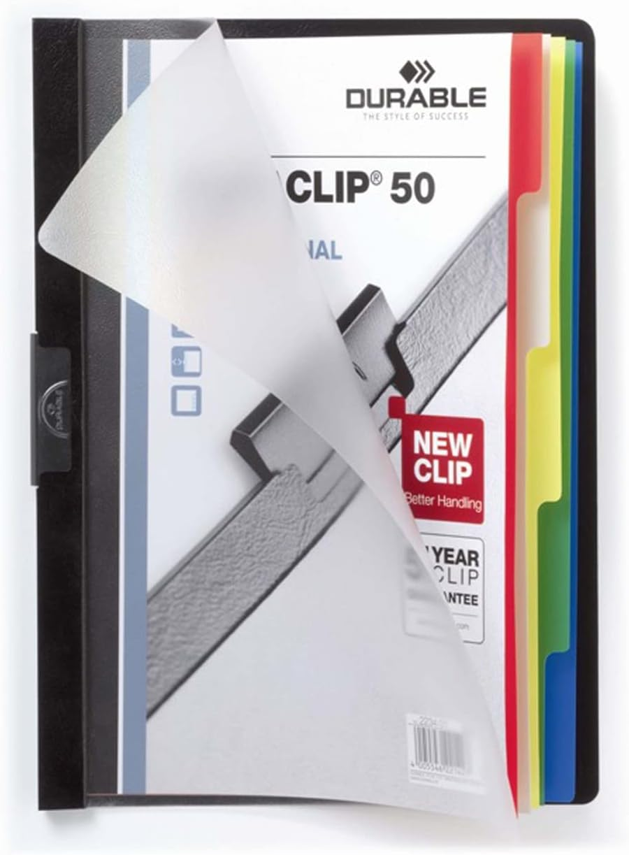 Durable Duraclip 50 Index A4 Document File with 5 Coloured Tabs 50 Cap, Black, (223401)