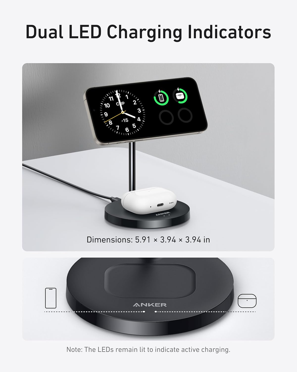 Anker Magsafe Compatible Maggo Charger Stand, Iphone 17 Wireless Charger, 2-In-1 Charging Station, Qi2 Certified 15W Fast Charging, for Iphone 17/16/15/14/13/12, Airpods Pro (Black, No Adapter) image number 4