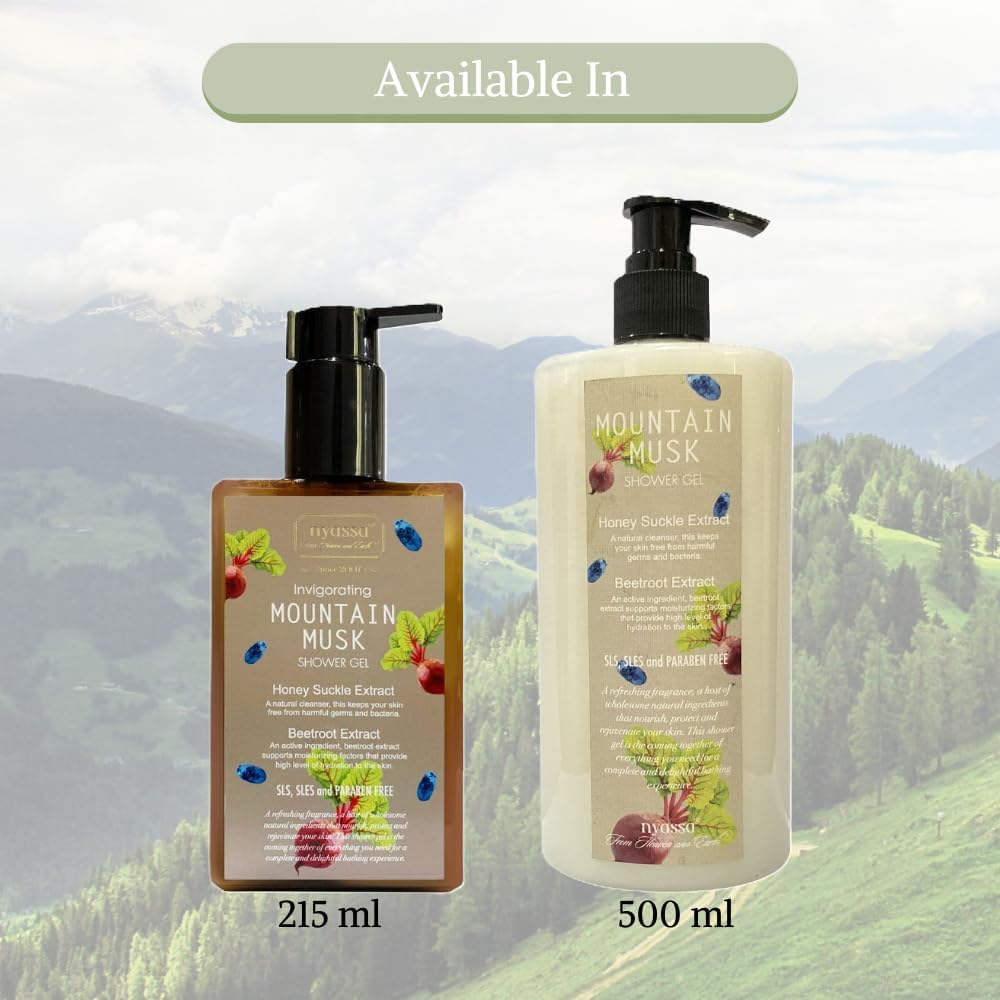Nyassa Mountain Musk Shower Gel 500 Ml with Honeysuckle and Beetroot Extracts. Natural Product. No Parabens,Sulphates (SLS,SLES), Pthalates, Silicons, Petroleum.Cruelty Free