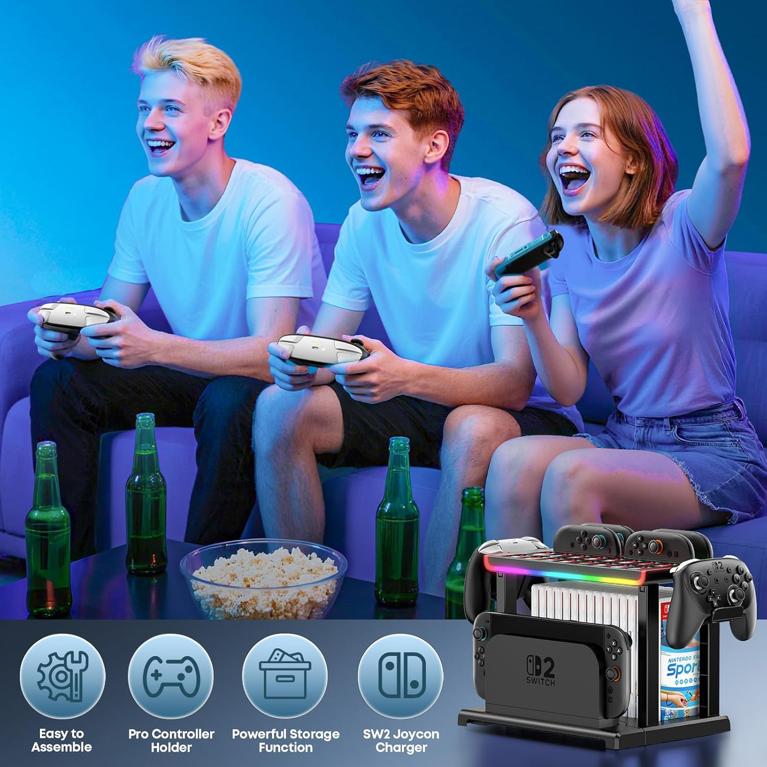 Switch 2 Organizer Station with Switch 2 Joycon Charger, 4 Charging Dock for Joycon 2, Storage Stand for 16 Switch Game Cards & 16 Game Cases, Pro Controllers & NS 2 TV Dock Organiser Accessories image number 1