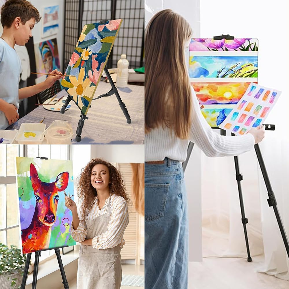 Art Painting Easel, Aluminum Alloy Portable Telescopic Painting Stand, Adjustable Foldable Tripod for Painting Canvas, Suitable for Tabletop, Floor Painting and Advertising Display. (Black)