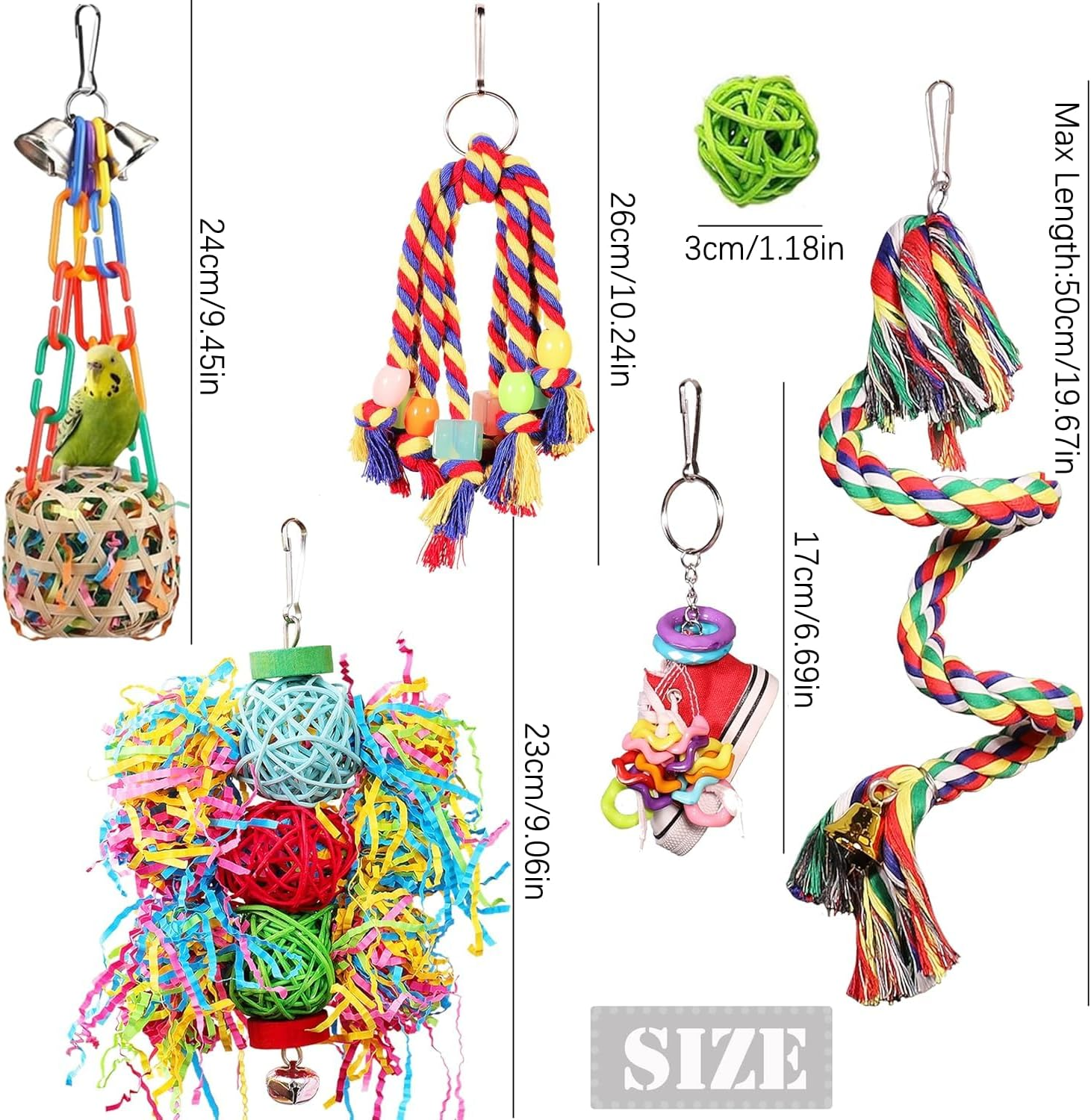 Bird Toys Set,Parrot Colorful Chewing Shredding Foraging Toys Bird Swing Climbing Hanging Standing Toy Birds Cage Accessories for Cockatiel Budgies Lovebird Parakeets Macaws image number 3