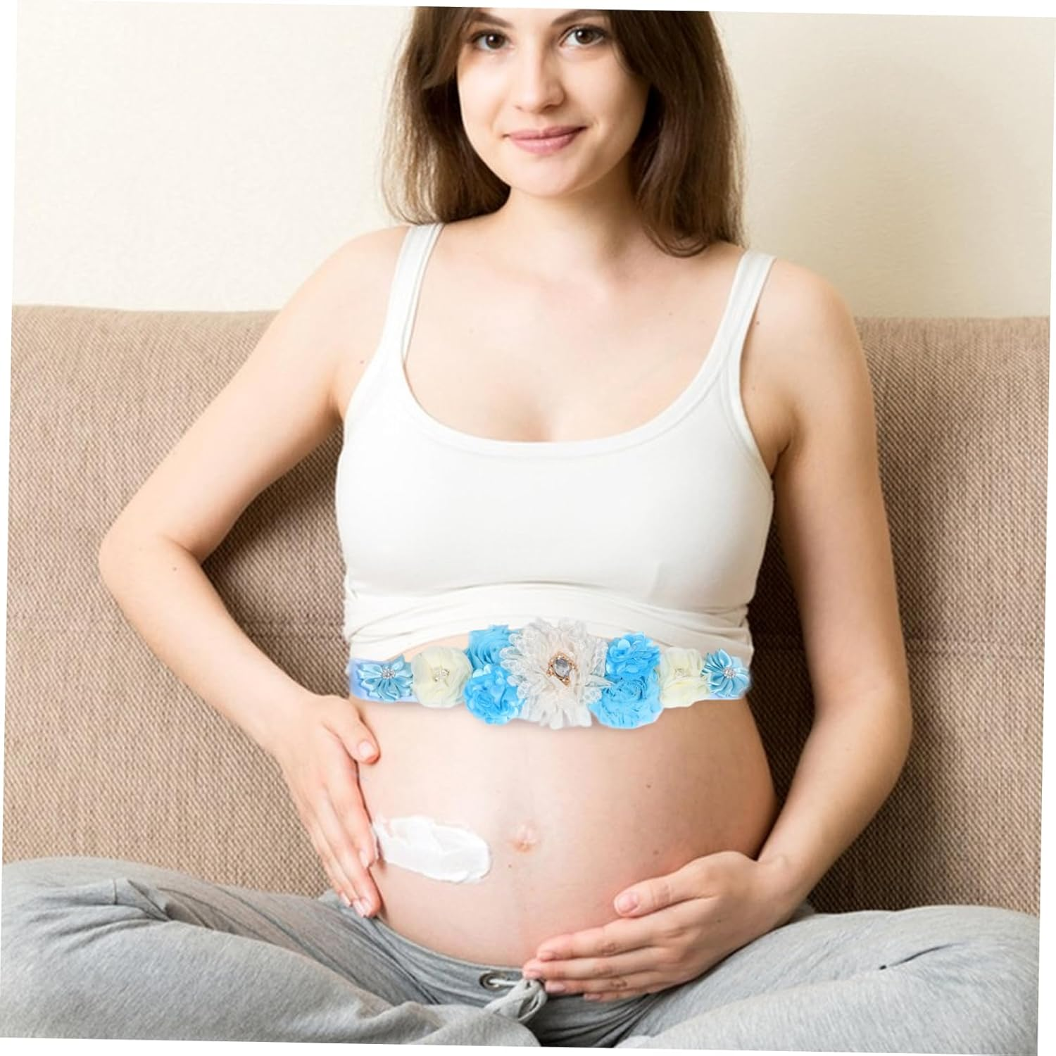 Pregnancy Sash Maternity Flower Belt Belly Band Sky Blue Adjustable Belly Band Adorned Flowers and Rhinestones for Maternity Shoot Baby Shower Photos