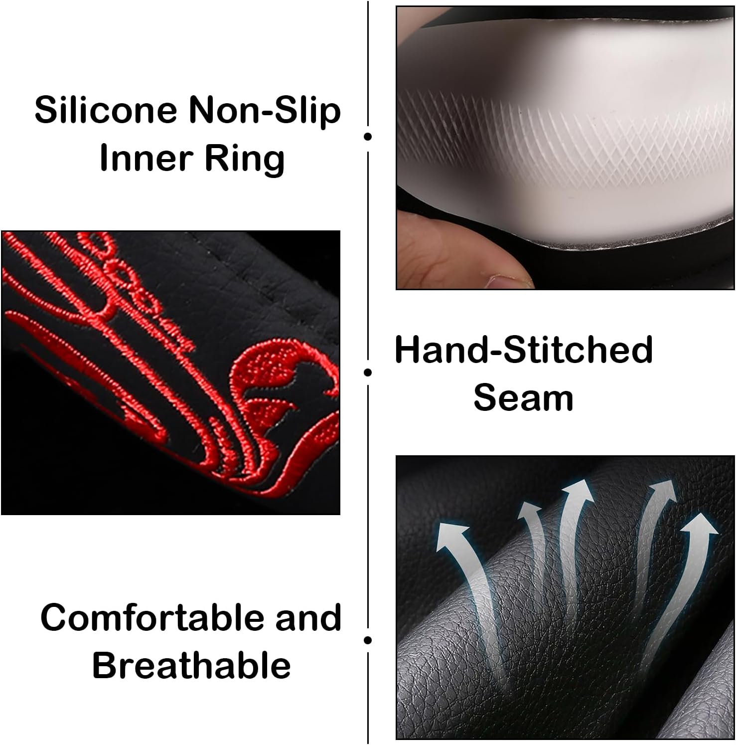 Red Embroidery Butterfly Car Steering Wheel Cover,14.5-15 Inch Universal Leather Covers Breathable Anti-Slip Odorless Steering Wheels Accessories for Men Women - Black  White image number 3