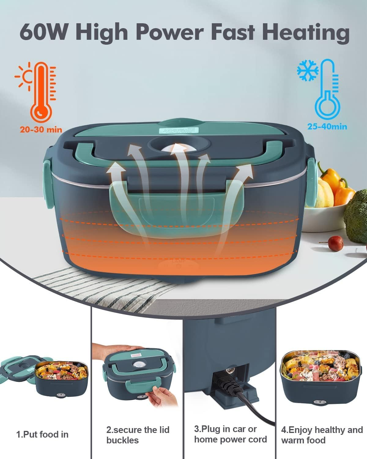 Electric Lunch Box Food Heater 60W1.5L Leak-Proof Heated Lunch Box 12V 24V 220V 3 in 1 Portable Food Warmer for Car/Truck/Office 304 Stainless Steel Container Spoon & Fork and Carry Bag (Dark Green) image number 6