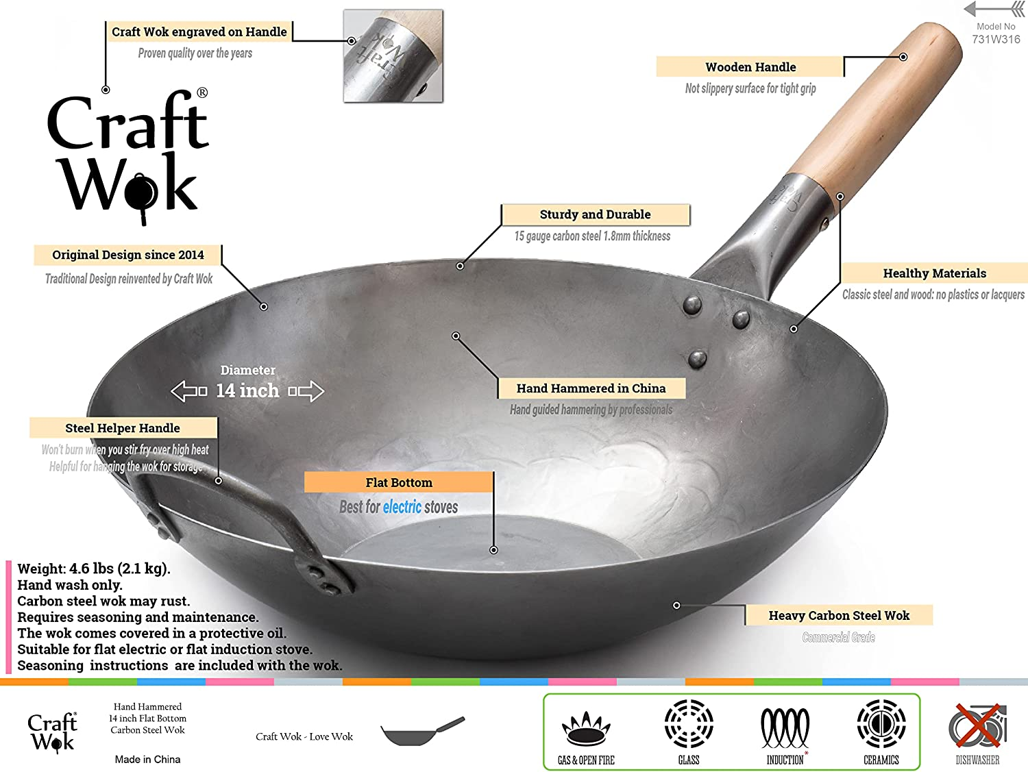 Craft Wok Flat Hand Hammered Carbon Steel Pow Wok with Wooden and Steel Helper Handle (14 Inch, Flat Bottom) / 731W316 image number 3