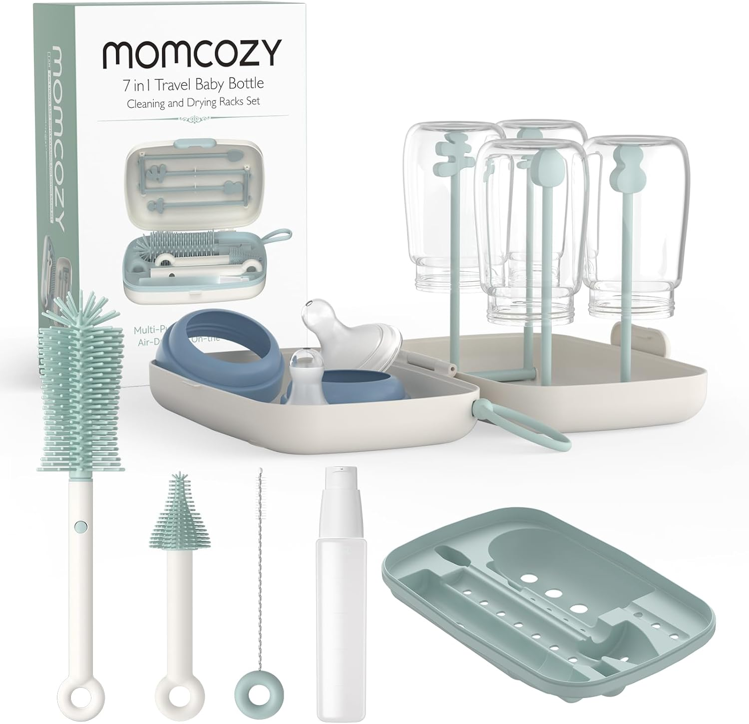 Momcozy Bottle Brush Set - Baby Bottle Cleaner Kit with Silicone Brush, Nipple Brush, Straw Brush, Soap Dispenser, Drying Rack - 7 in 1 Bottle Cleaning Tool for Home and Travel, Green image number 2