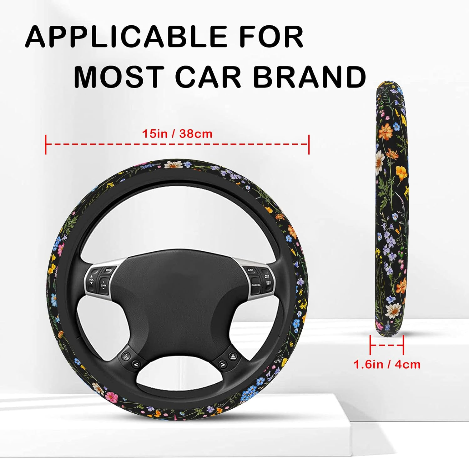 Wildflower Steering Wheel Cover for Women Men, Anti-Slip Breathable and Sweat Absorption Universal 14.5-15 Inch Cute Steering Wheel Protector, Wildflower Floral Car Accessories image number 3
