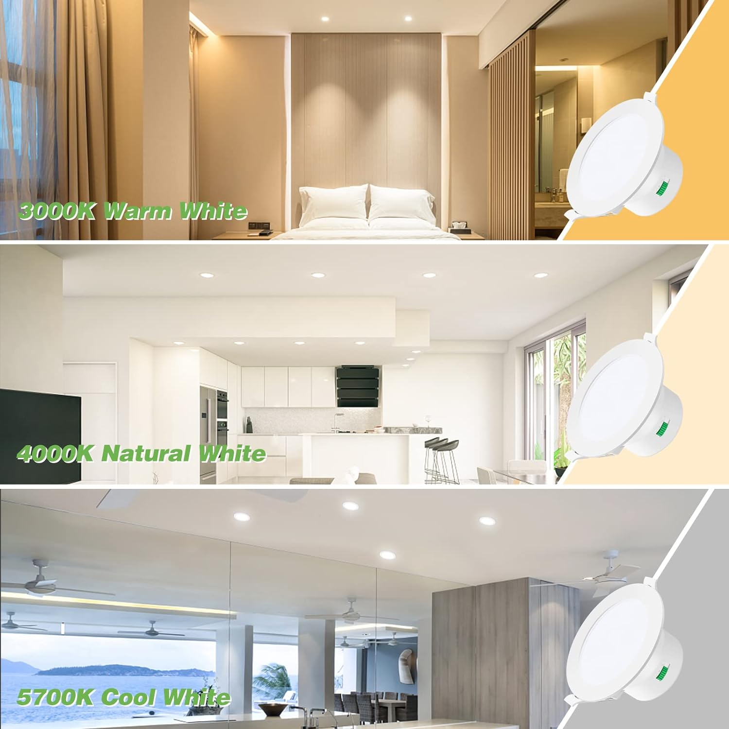 ALUSSO 14W LED Downlight Kit 120Mm Cutout Dimmable IP44 Recessed Ceiling Light with CCT 3 Lighting Colors Adjustable 3000K Warm/ 4000K Neutral/ 5700K Cool, White, Pack of 10,AUS Plug image number 1