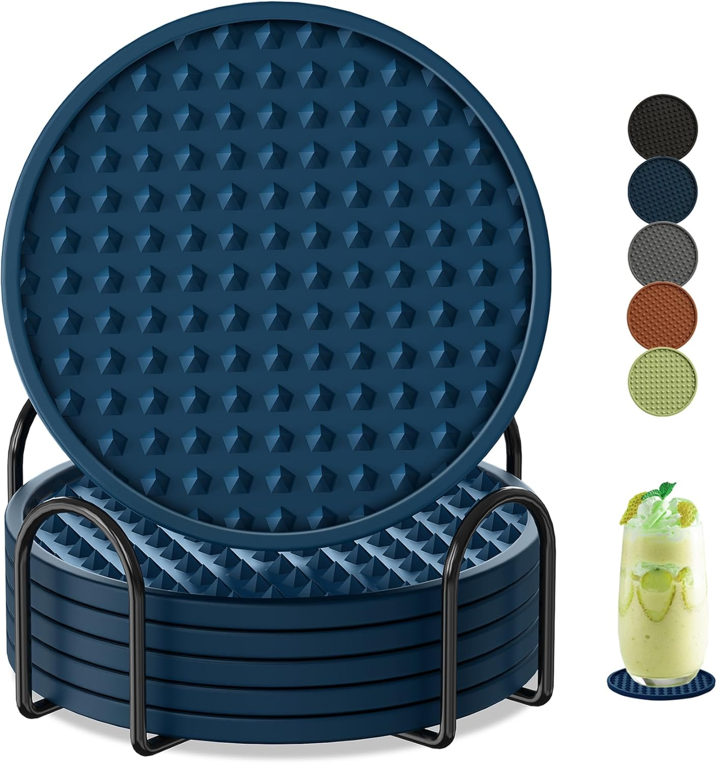 6 Pack Rubber Drink Coasters,Coasters for Drink with Holder,Silicone Cup Mat Non-Stick,Non-Slip,Thickened Live for Hot or Cold Drink-Pure Gray