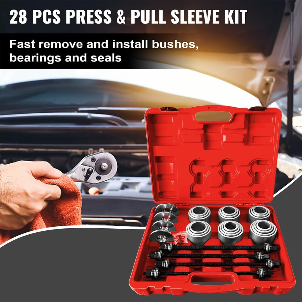 28Pcs Bush Removal Kit Bush Bearing Seals Press Pull Sleeve Tool Kit Set Auto Car Repair Tool Master Press Bearings Bushes Seals Removal Red/Blue (Red) image number 4
