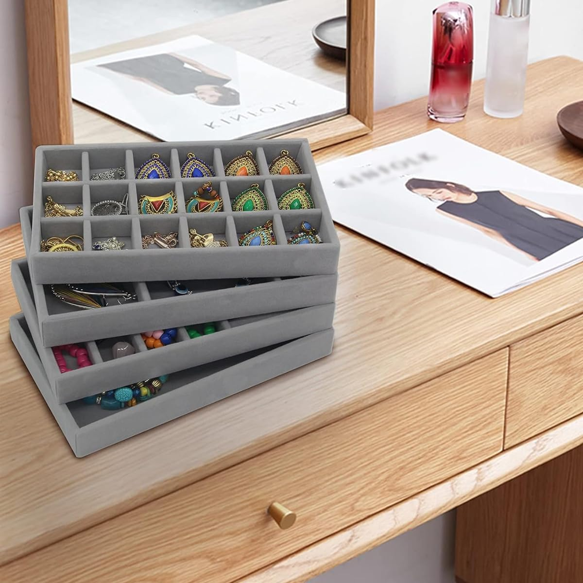 AIMALL 4PCS Grey Flocking Jewelry Display Storage Box Set Desktop Makeup Organizer Tray for Earrings Rings Bracelets Necklaces Velvet Jewellery Storage Holder 4.8In X 8.3In Compartments image number 6