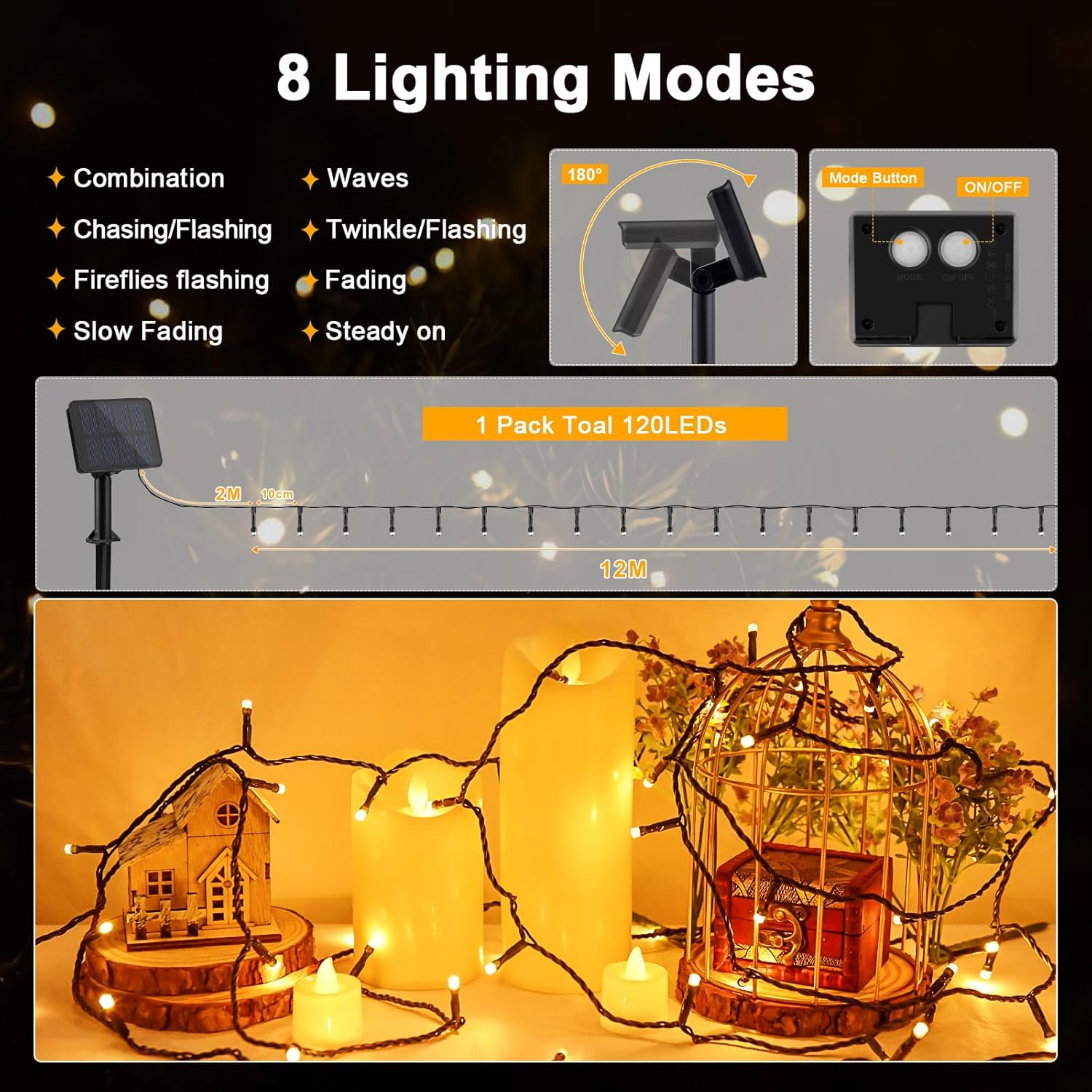 Solar String Lights for Outside, 39.4Ft 120LED Outdoor Solar String Lights 8 Modes for Garden Yard Patio Tree Christmas Deorations Warm White image number 6